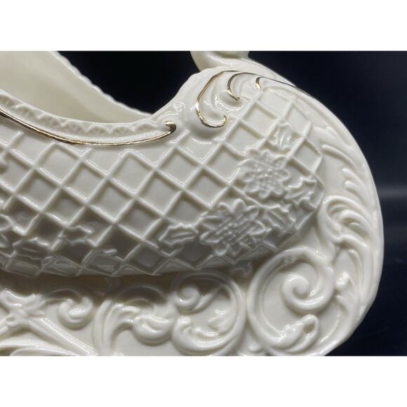 Palm Tree Company Sleigh: Christmas Holiday Décor Ivory White Gold Leaf‎ Trim - Picture 6 of 16